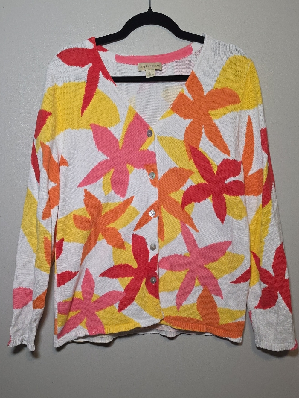 Appleseed's White Cardigan with Pink, Orange & Yellow Floral Design